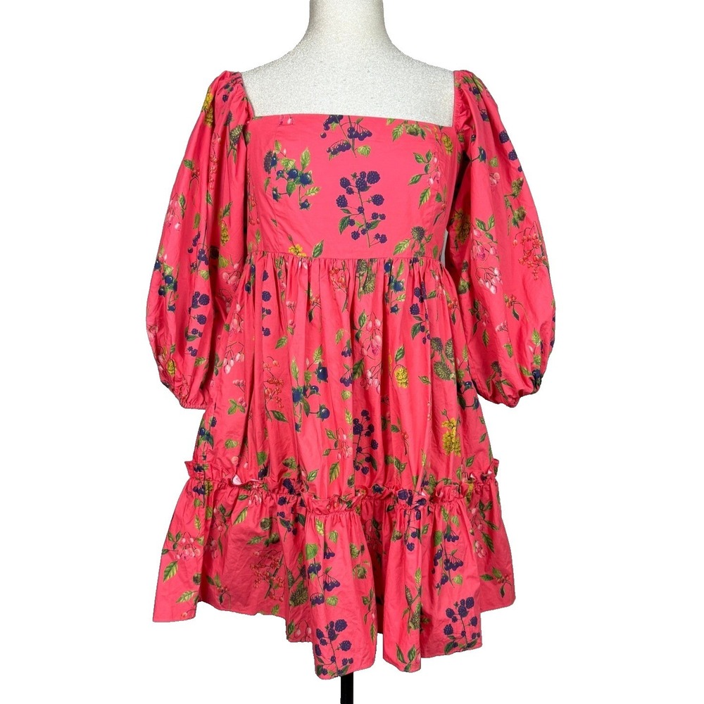 Cara Cara Sip Sip Dress Womens L Floral Mini Coral Puff Sleeve Smocked Resort
